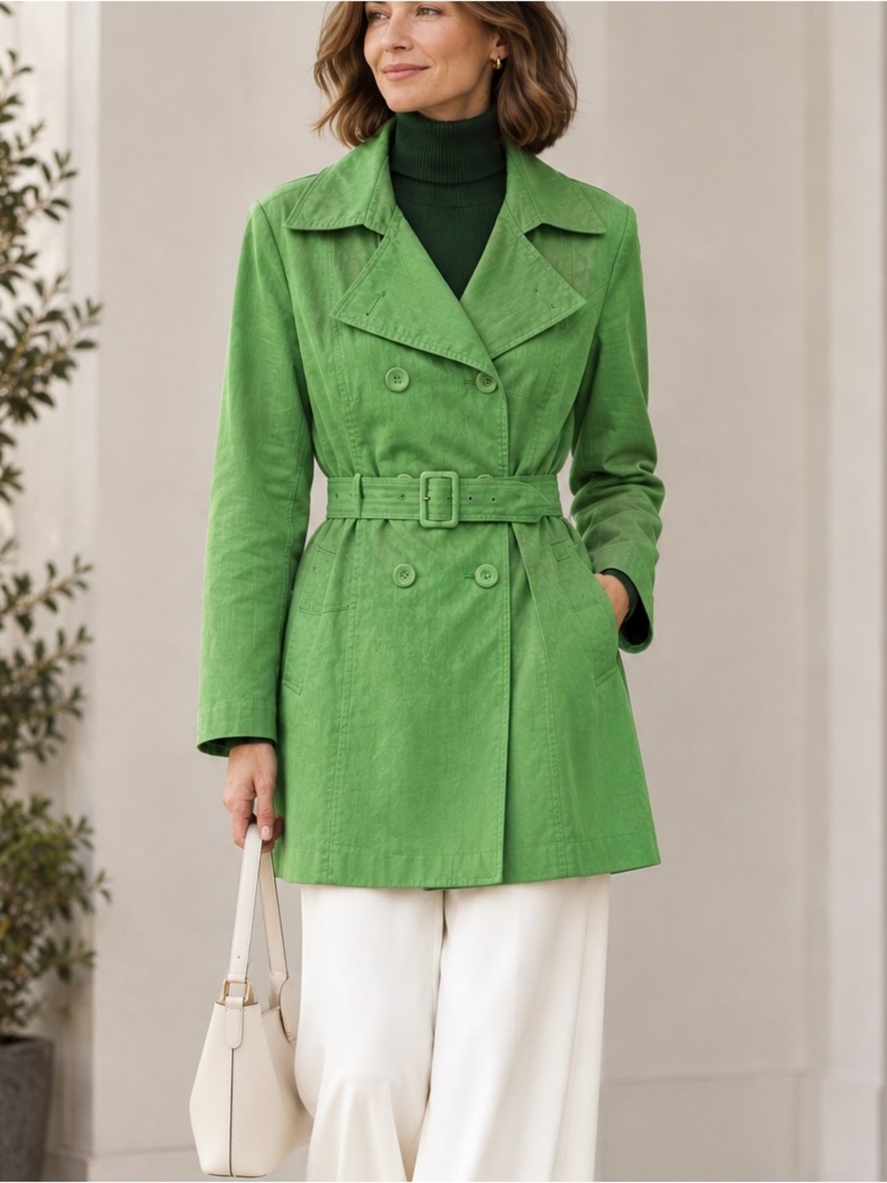 MaxMara Mint Green Double-Breasted Trench Coat with Belt. Size L